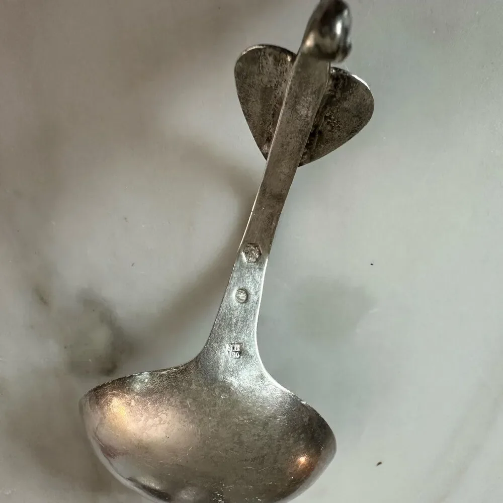 1874 Dutch Silver Mini Ladle Monkey Spoon Rooster Finial Heart .833 Silver 24g
